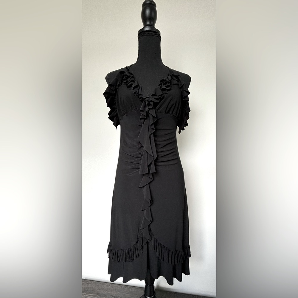 Women's Elegant V Neck Ruffle Trim Open Back Halter Black Cocktail Dress Midi M